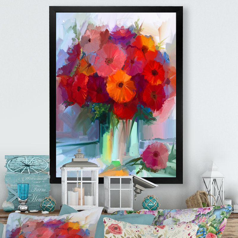 Fleurs abstraites de gerbera rouge II - peinture, Cadre photo noir, H 20 po x l 12 po x P 1 po