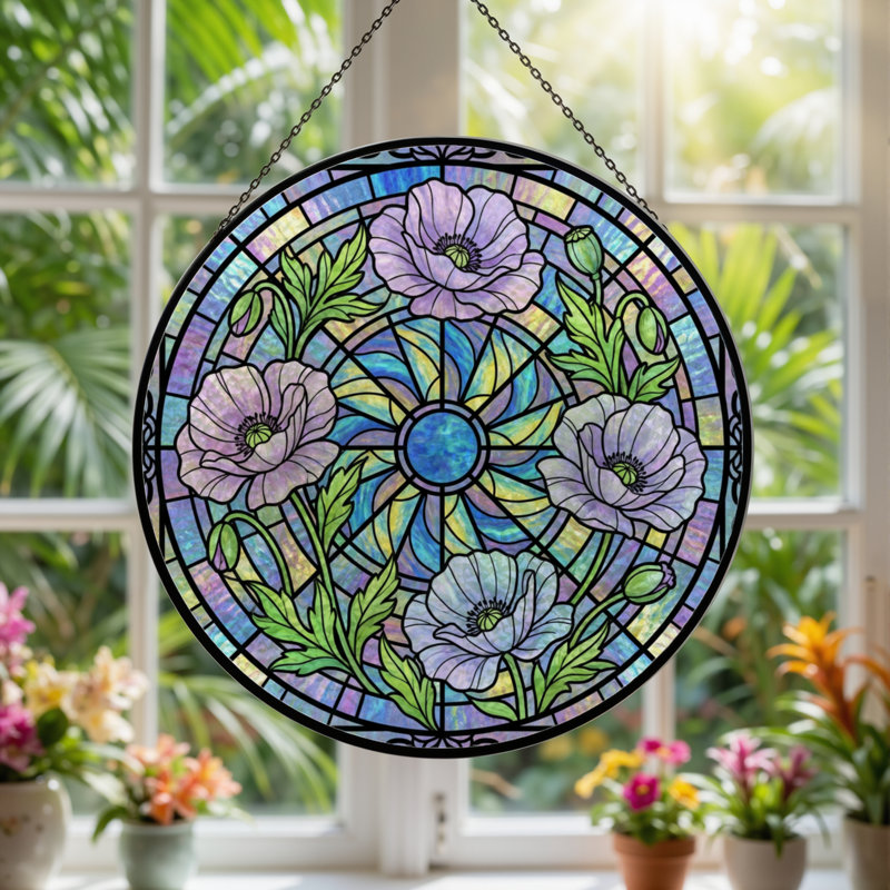 Panneau de vitrail floral coquelicot 12 "H 12", H 12 po x l 12 po