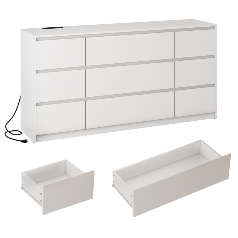 White 63-Inch Modern Wood Dresser with Charging Station