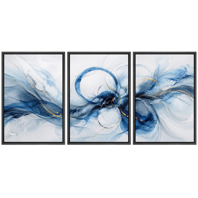 Navy Cobalt Blue White And Gold Flowing Ribbon Abstract Artwork, Living Room Pictures, Framed Giclee Print 3 Pieces Wall Art