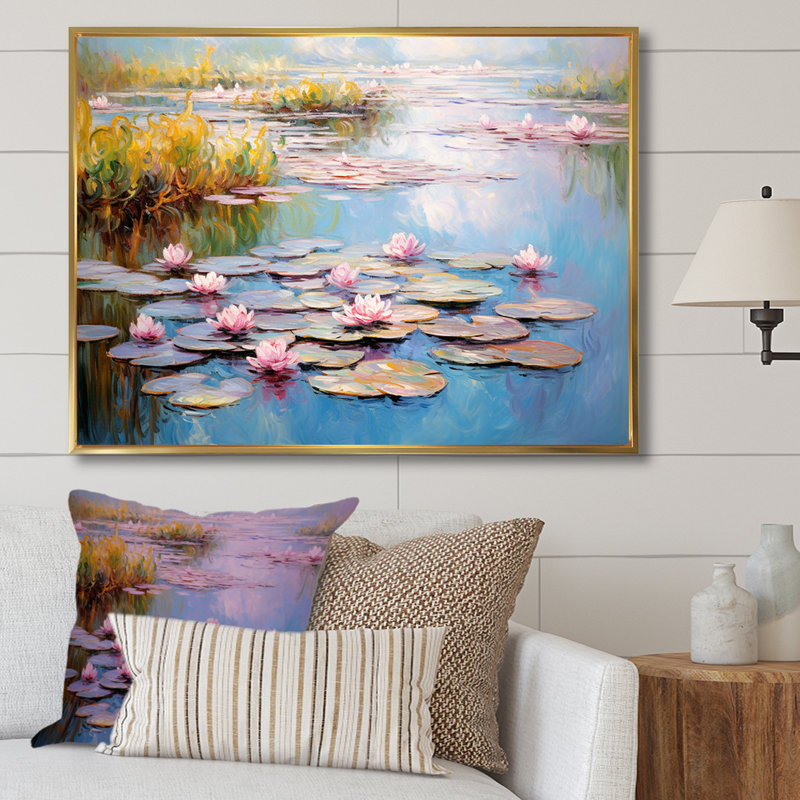 «Monets Water Lily Pond Reflections 3 - Lake», art mural, Cadre flottant doré, H 24 po x l 32 po x P 1 po