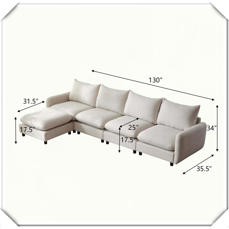 Canapé modulaire surdimensionné en L avec repose-pieds 5 pièces, H 34 po x l 67 po x P 130 po, Blanc, 5