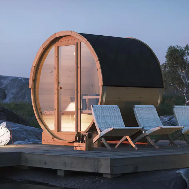 Smartmak® 3-4 Person Canadian Hemlock Wood Barrel Sauna Room | Traditional Wooden Steam Saunas with Canopy Indoor/Outdoor Use | 220V 6KW Heater, Rocks, Light Accessories Included | Relaxing Steam Spa Experience