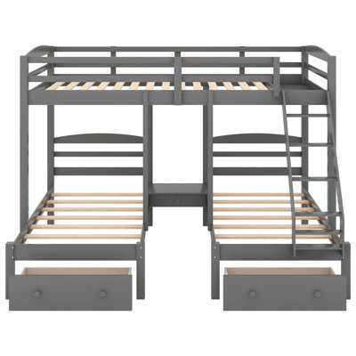Lit superposé triple gris avec tiroirs, double au-dessus de simple et simple, lit superposé en bois pour enfants