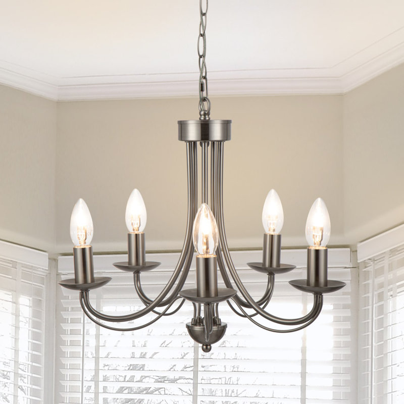 Elmore 5 Light Traditional, Classic Metal Pendant Light - Brushed Nickel, Clear PVC power cord, 46.5x46.5x102cm, 5xE14. Max. 10W LED (Bulb not included)