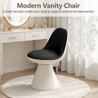 360 Degree Swivel PU Leather Vanity Chair With Mid Back No Wheels for Bedroom Living Room, Black