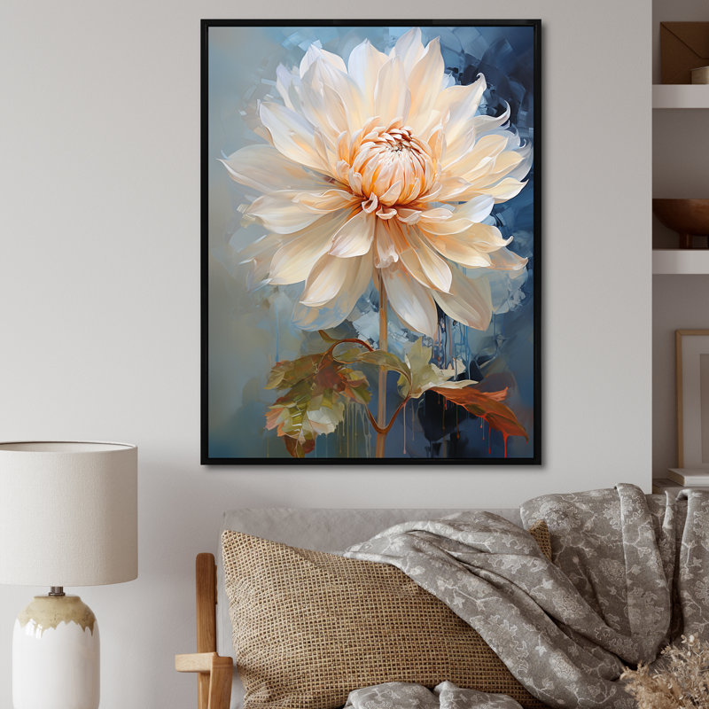 Simple dahlia beige et bleu simple - imprimé, Cadre flottant noir, H 32 po x l 16 po x P 1 po