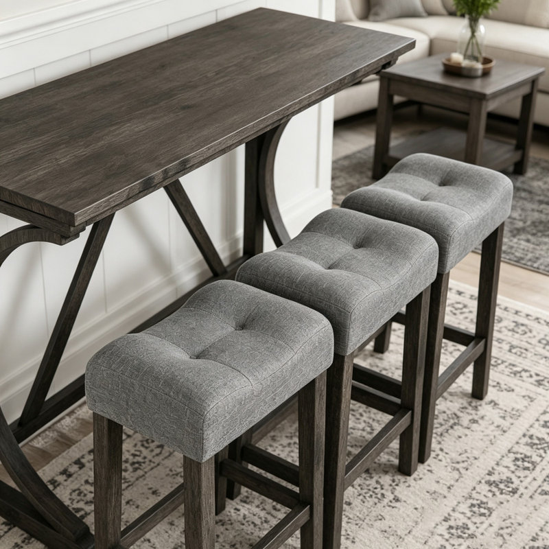 Ensemble de table de bar 4 pièces avec prise électrique et tabourets rembourrés, Gris foncé