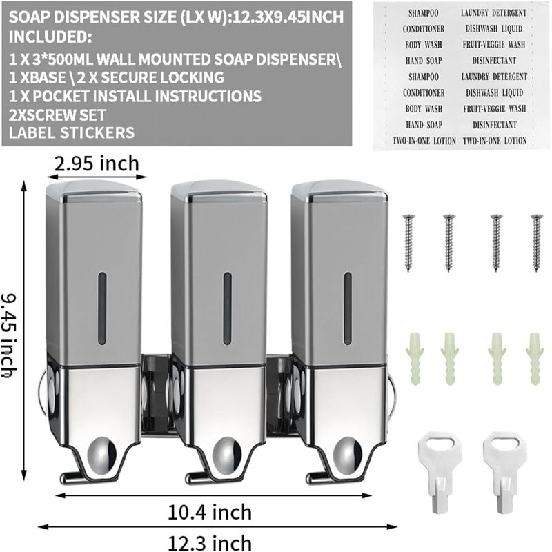 Wall Mounted Manual Soap Dispenser 3-Cup, 3×500Ml, Shower Gel & Lotion Dispenser For Home Bathroom Kitchen Hotel Restaurant, Grey & Transparent