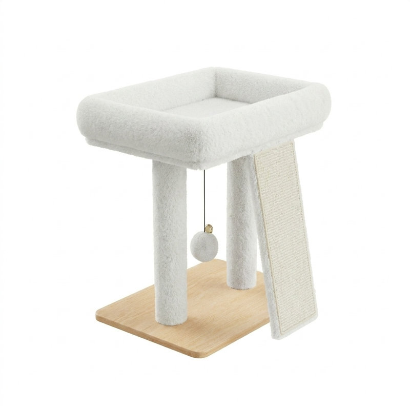 Arbre à chat 17,3 "en peluche avec poteau à griffer en sisal et jouet suspendu, White