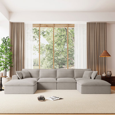 Canapé modulaire entièrement compressé de 142 po x 82 po, en forme de U avec repose-pieds, velours côtelé de luxe avec coussin moelleux en forme de nuage supplémentaire, sans assemblage requis, pour le salon et l’appartement, 2 couleurs