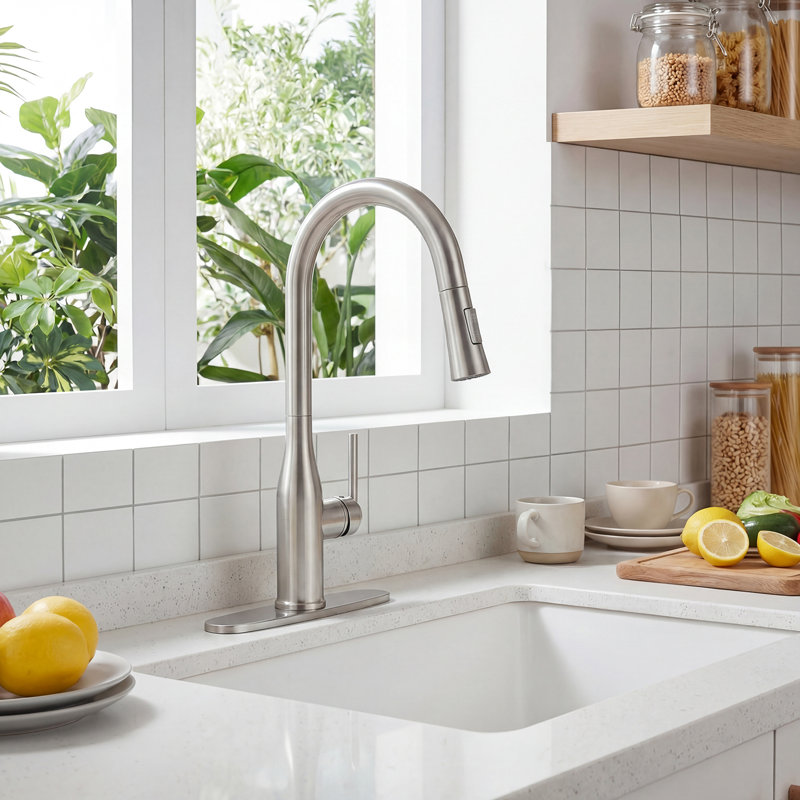 Robinet rétractable pour évier de cuisine, robinet de cuisine à poignée simple nickel brossé, Nickel brossé