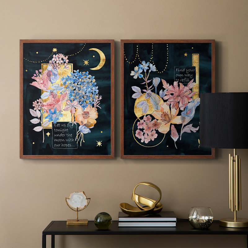 «Moonlight Flowers I», reproduction encadrée de qualité supérieure - prête à être accrochée - aucun clou requis - aucun clou requis