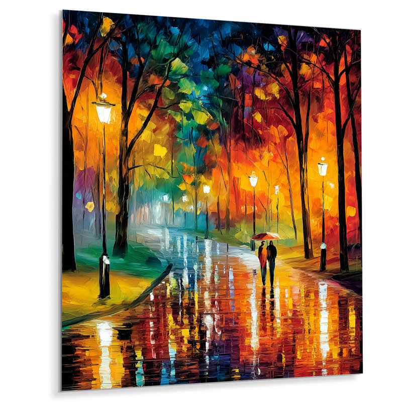 «Colorful Couple Stroll In Rainy France - Couple», reproduction d'art murale en métal, L 24 po x H 32 po