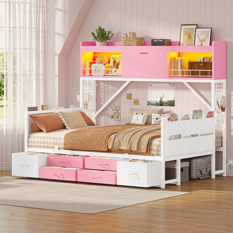 Daybed with High Bookcase & 6 Storage Drawers, 76.4"L x 53.9"W x 60.6"H, Full, Pink