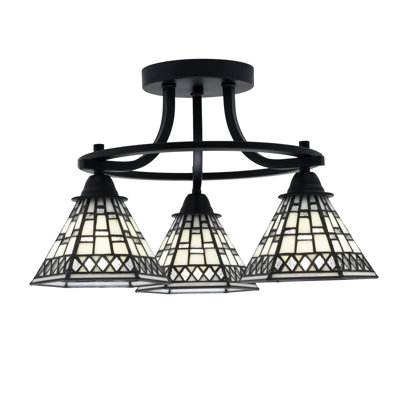 Luminaire semi-encastré 3 lumières Paramount au fini noir mat avec verre d'art étain de 7 po