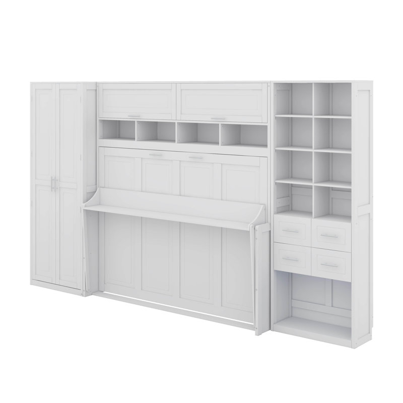 Lit escamotable double avec placard, tiroirs et tablettes, Lit double, Blanc