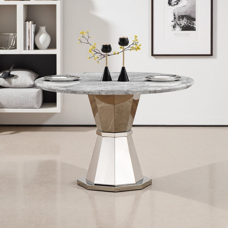 Table de salle à manger 47 po ronde moderne en faux marbre avec base en acier inoxydable pour la cuisine et la salle à manger - Gris argenté