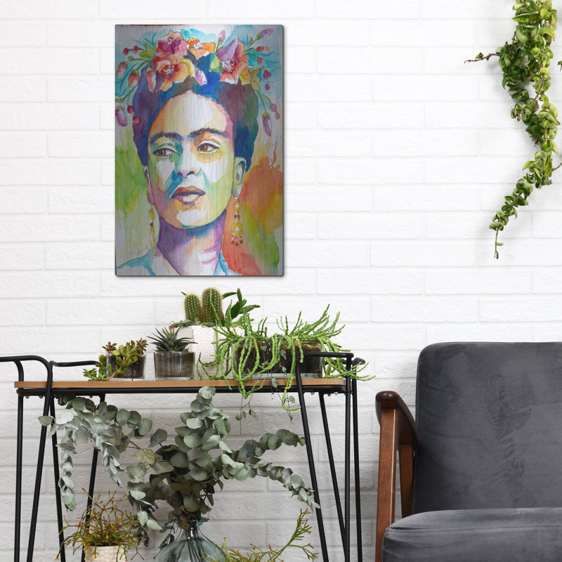 «Frida with Side Glance» par St. Hilaire Elizabeth, art mural en métal, 24 po x 36 po, H 16 po x l 12 po