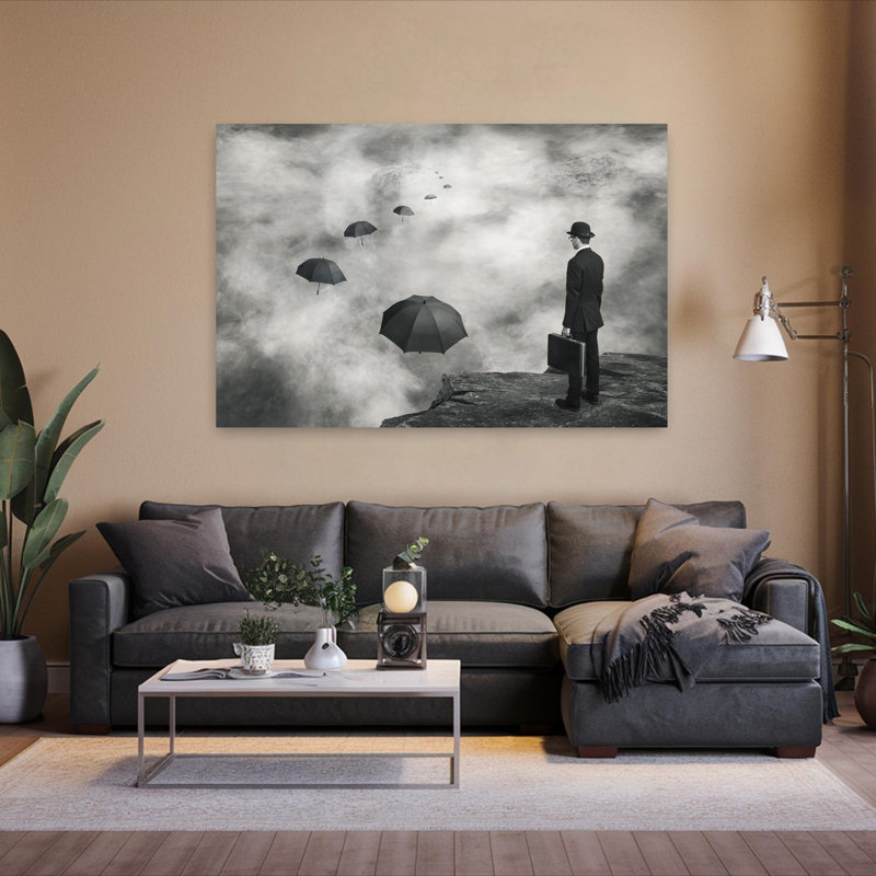 Homme et parapluies flottants, H 40 po x l 60 po