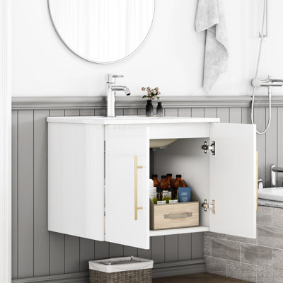 Meuble-lavabo de 24 po avec portes doubles, charnières à fermeture en douceur, poignées dorées, blanc brillant, lavabo en céramique - installation simple, lavabo d'apparence élégante, lavabo, poignée longue en métal, blanc facile à assembler,