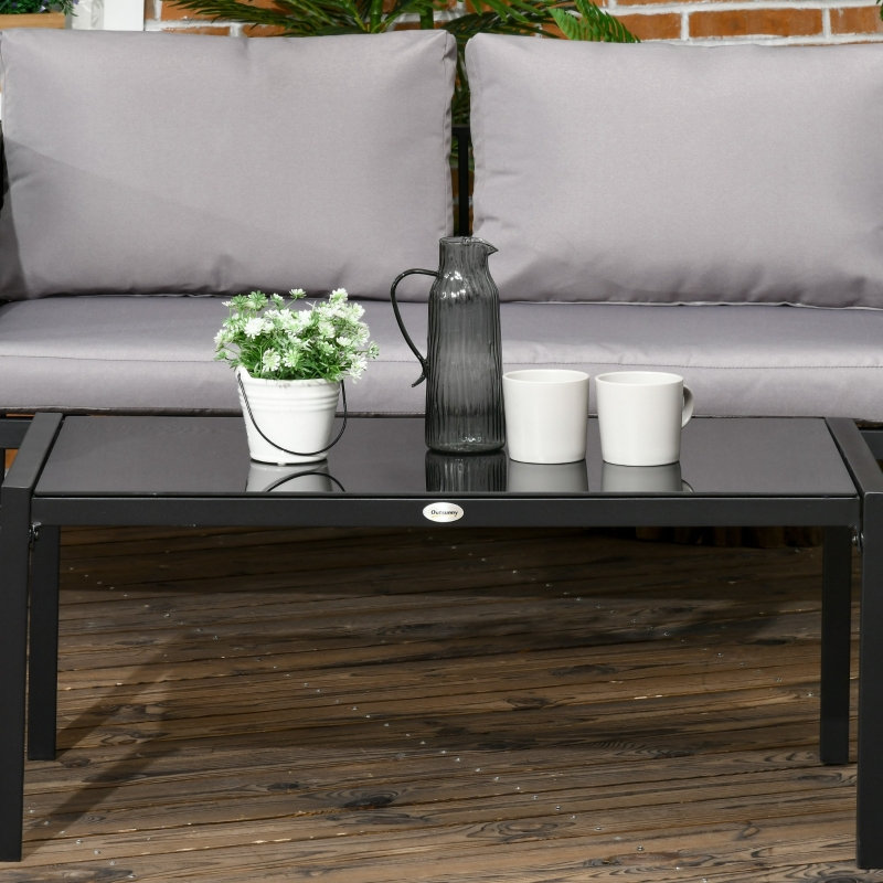 4 Piece Light Grey Metal Garden Furniture Set with Loveseat, 2 Armchairs and Tempered Glass Coffee Table