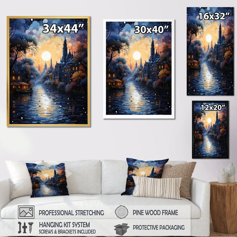 Impression sur toile Blue Canal, H 20 po x l 12 po x P 1 po, Encadrement doré