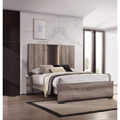 Contemporary Queen Panel LED Light Headboard Bed 1Pc Finish Wooden Bedroom Furniture