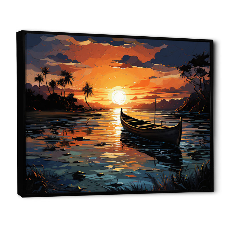 «Coastaltropical Boat At Dusk I», reproduction d'art sur toile, H 12 po x l 20 po x P 1 po, Cadre flottant noir