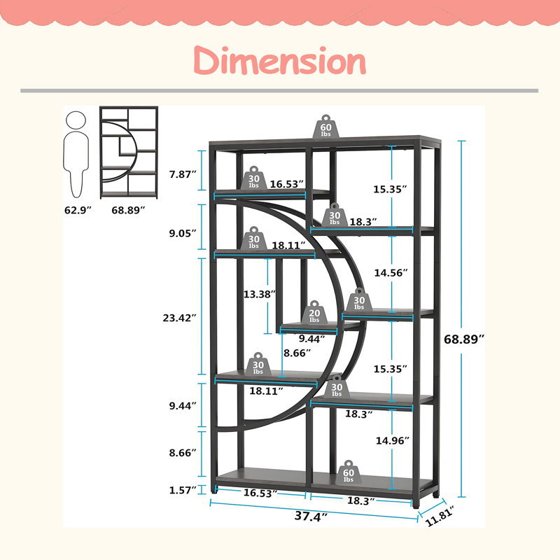 Geometric Design Display Shelf,Spacious Bookcase,Freestanding Bookshelf, Black/Gray