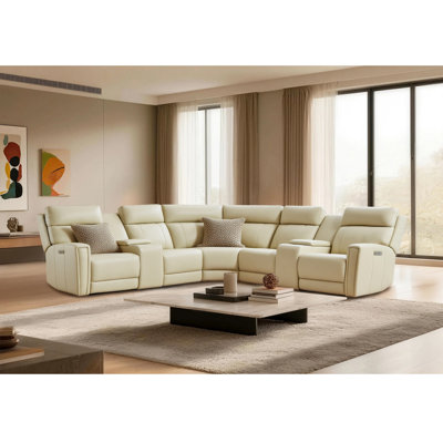 Ensemble de salon Avani 7 pièces, 3 fauteuils inclinables électriques, sectionnel en cuir, appuie-tête électrique