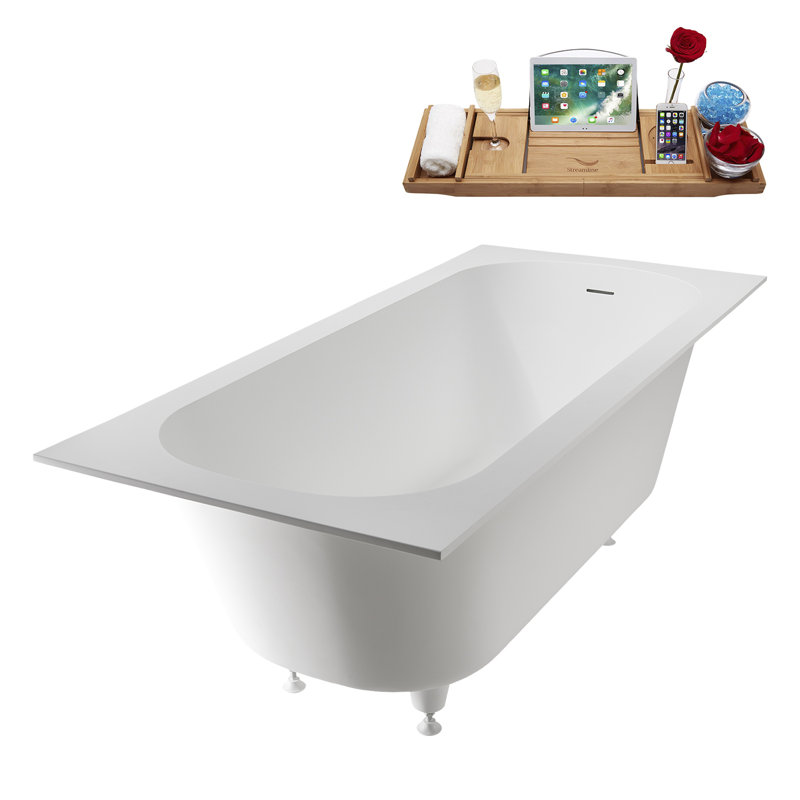 Baignoire encastrée Streamline NS7400CH 67 po en résine de pierre blanche mate avec receveur et bonde intégrée en chrome poli