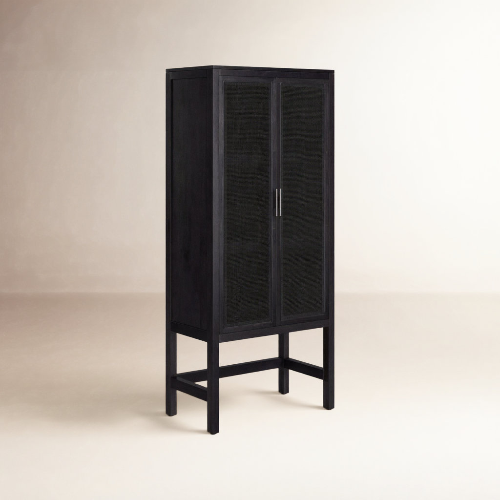 Boudreau Solid Wood Storage Cabinet, Black Wash Mango/Black Natural Cane