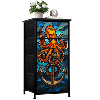 Commode pour la chambre à coucher avec 4 tiroirs de rangement Intense Vitrail Pieuvre Ancre Commode de la mer orageuse Commode en acier avec cadre en tissu pour chambre d'enfant