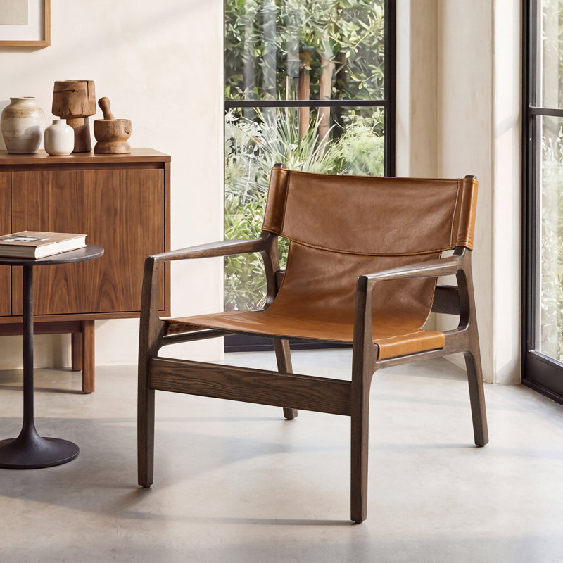 30" Genuine Leather Accent Armchair With  Ash Wood Frame