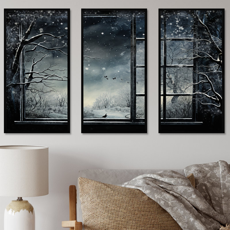 «Midnight Gothic Winter Window View II - Winter Landscape», art mural, H 28 po x l 36 po x P 1 po, Cadre flottant noir