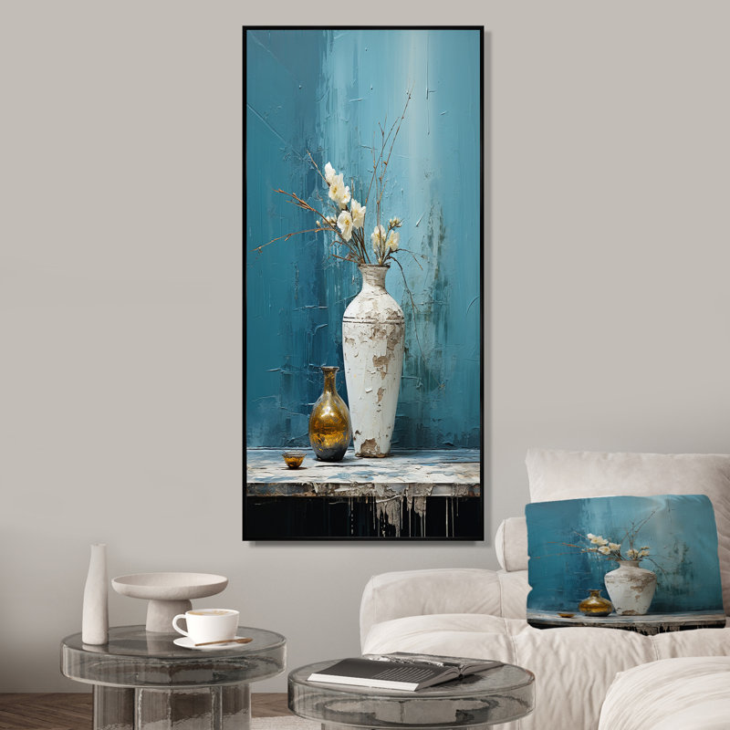 Vase de poterie bleu et blanc Boho, Cadre flottant noir, H 60 po x l 28 po x P 1,5 po