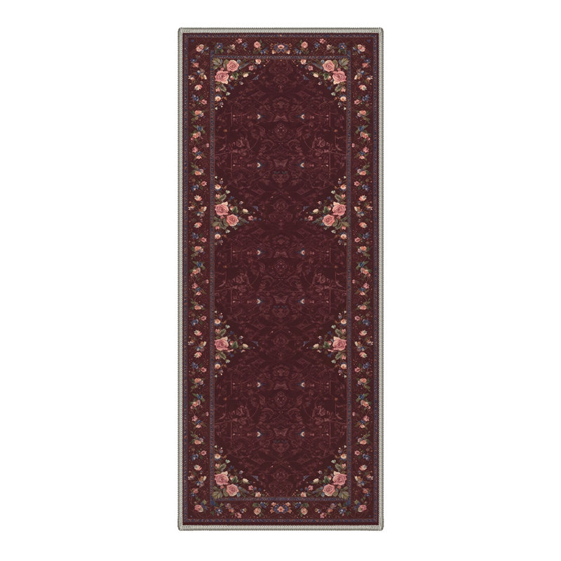 Tapis d'intérieur rouge / rose / vert à motif floral lavable à la machine avec envers antidérapant Alameda Roselyn