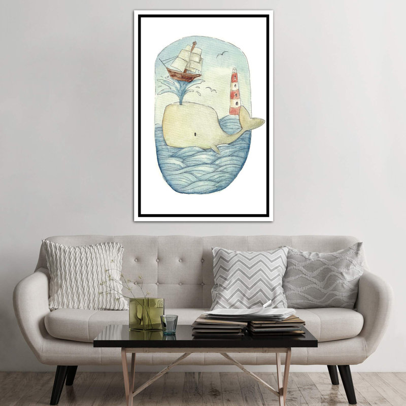 «Cute Whale in the Sea» par Mike Koubou - impression d'art graphique, H 60 po x l 40po x P 1,5 po, Toile blanche encadrée