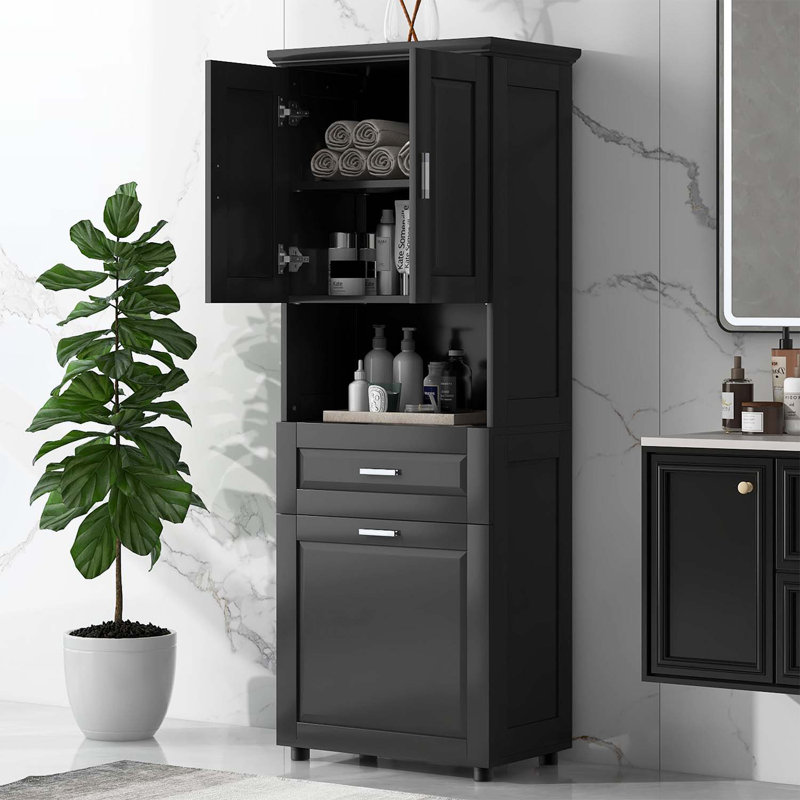 Large Storage Space Tilt-Out Laundry Hamper and Upper Storage Cabinet, Black