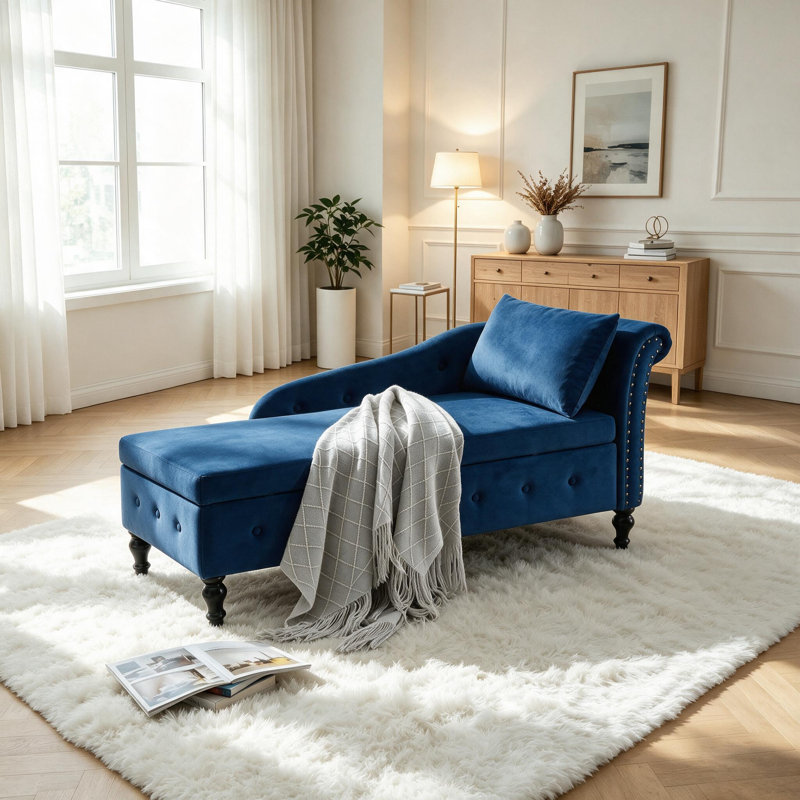 Chaise longue de rangement en velours Eastham, Bleu, Orienté vers la gauche