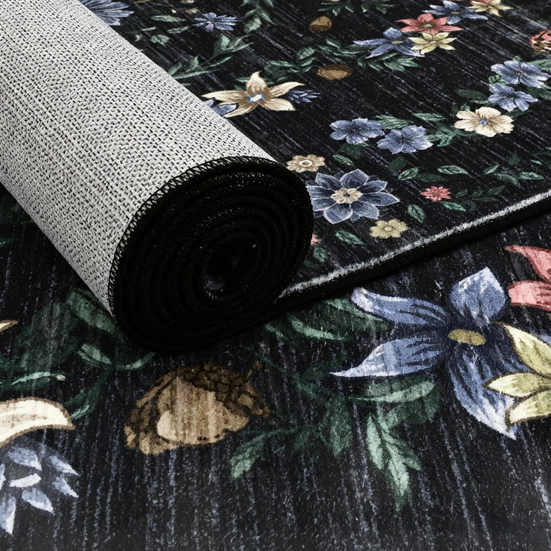 Tapis lavables rétro floraux pour la chambre à coucher, le salon et le couloir, Noir, Rectangle 9' x 12'