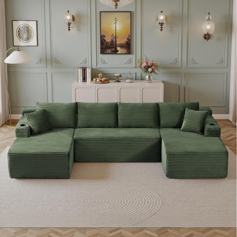 Canapé modulaire de 134 po Cloud Couch, modulaire avec porte-gobelet et poche de rangement, canapés en os en velours côtelé sans os, canapé dans une boîte, aucun assemblage requis, canapé vert pour le salon