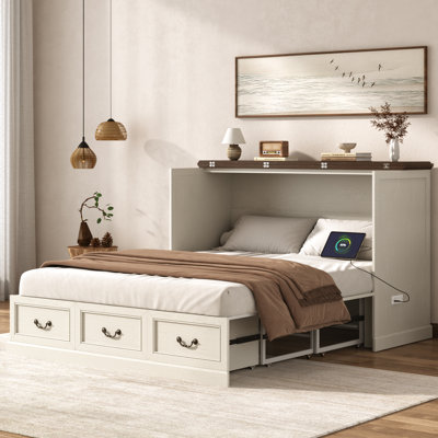 Queen Murphy Bed with Large Storage Drawer & Charging Station, Queen Size Murphy Chest Bed, Farmhouse Folding Beds Chest with Wood Space-Saving Hidden for Guest Bedroom, Living Room, Office