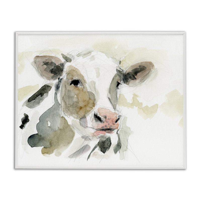 Reproduction giclée encadrée « Vache » de Victoria Barnes, dans un style aquarelle douce, H 11 po x l 14 po