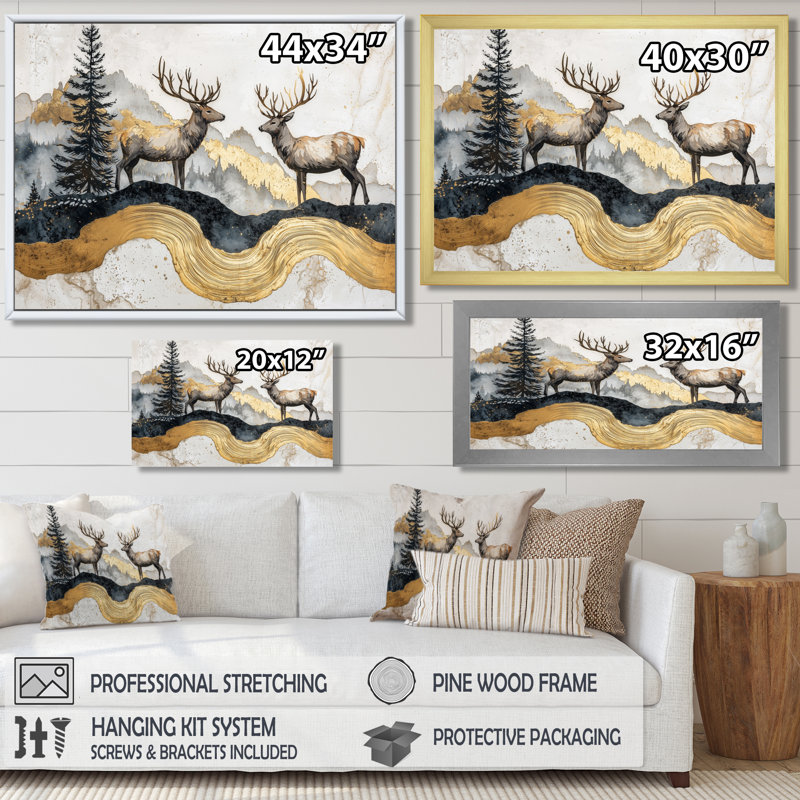 Golden Deer Landscape Grace In The Forest V - Deer Wall Art, Single Picture Framed, Black, 12" H x 20" W