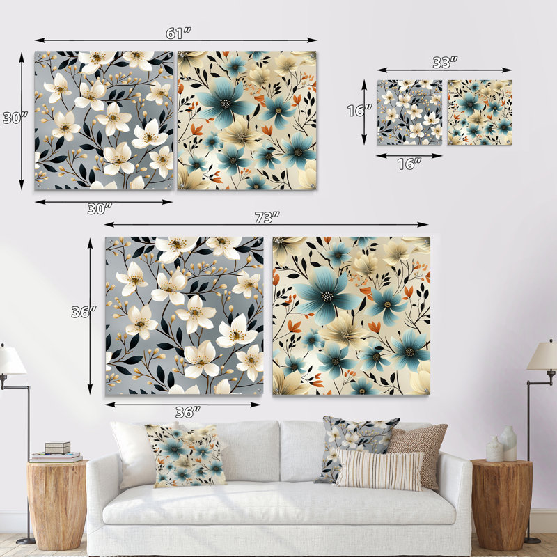 Minimalisme, motif de fleurs gris et beige - ensemble d'art mural en acrylique sur verre floral, H 30 po x l 61 po