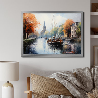 Orange Canal Waterway Pointillism I - reproduction