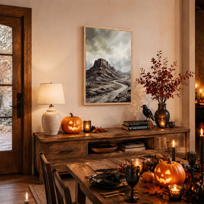 Paysage Sepia Mesa avec ciel nuageux - Toile murale d'Halloween, 48"H x 36"W