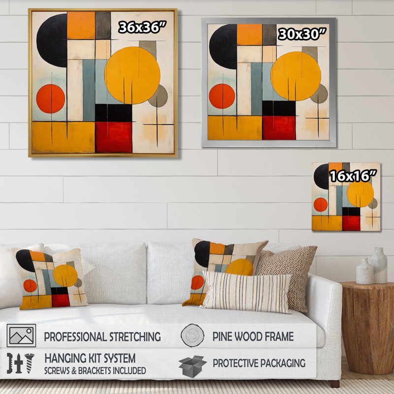 Art géométrique circulaire équilibre - salon Mid-Century Wall Art, Toile avec cadre flottant noir, H 16 po x l 16 po x P 1 po